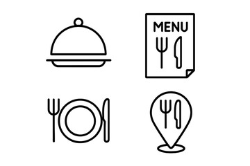 Food and restaurant icon set. Thin line icons for menu, dining, location pin, and navigation. Includes plate, cloche, and cutlery. Vector symbol collection. Editable stroke.