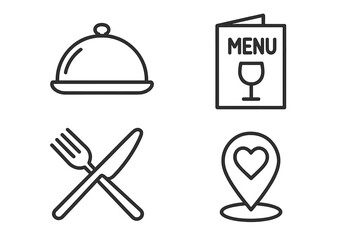 Restaurant and cafe line icon set. Vector symbols for food, dining, catering service. Includes menu, cutlery, serving cloche, and favorite location pin concept.