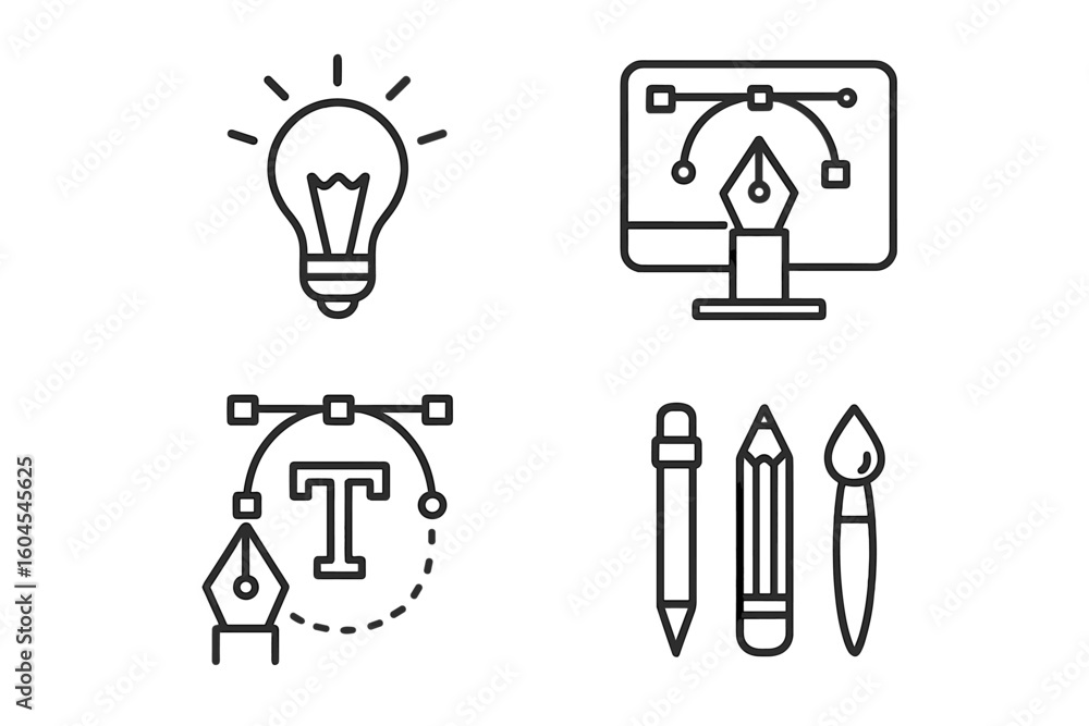 Aufkleber graphic design line icon set. creativity and idea concept with lightbulb. vector software pen tool, 