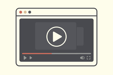 Video player interface in a web browser window. Online streaming service for watching movies, series or tutorials. Media player with play button. Vector flat illustration.