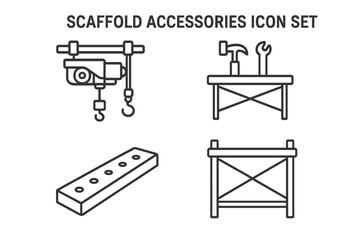Scaffold accessories icon set. Construction site equipment line icons. Modular scaffolding add-ons like electric hoist, winch, workbench, plank, and sawhorse. Vector.
