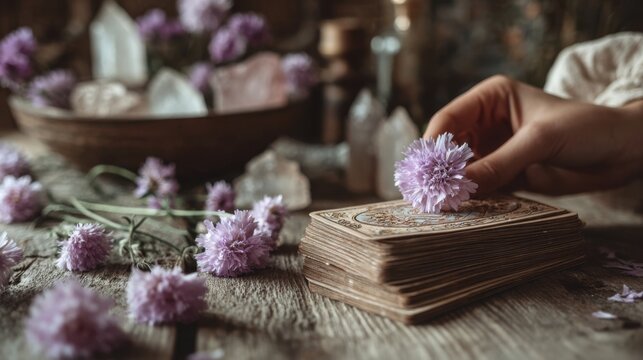 Tarot reading ritual with hands shuffling cards and sacred items on a wooden table in candlelight