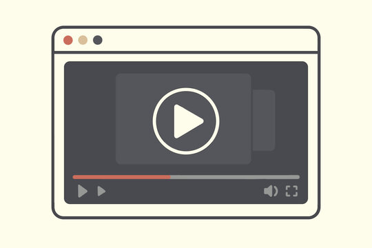 Video player interface in a web browser window. Online streaming service for watching movies, series or tutorials. Media player with play button. Vector flat illustration.