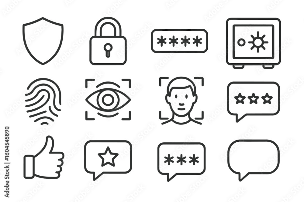 Poster security line icon set. cybersecurity and data protection concepts. shield, lock, password, safe. bi