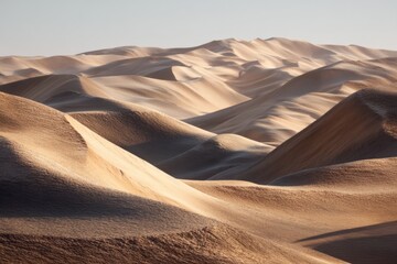 Serene Desert Landscape with Gentle Dunes and Soft Light Casting Shadows on Textured Sand Hills in the Early Morning Hours