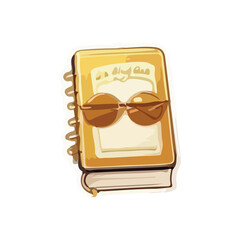 illustration of yellow book, copybook, markbook with sunglasses on white