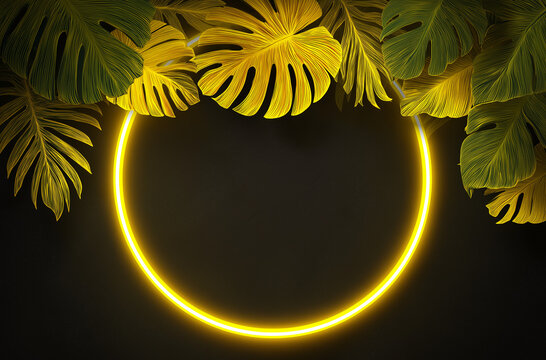 3D render, a neon yellow circular frame with tropical leaves on a dark background, illustration, vector, design.