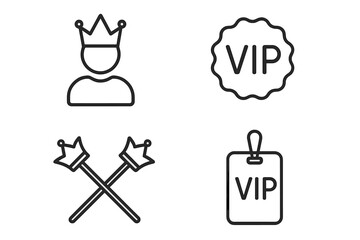 VIP line icon set. Very important person, royalty, and exclusivity concepts. Outline vector collection with crown, scepter, premium member badge and special access pass.