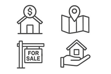 Real estate line icon set. Property investment, mortgage, and home ownership concept. House for sale sign, building search with magnifier, and map location pin vector symbols.