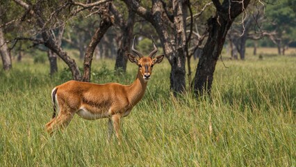 Naklejka premium A young Water Buck surrounded by dense tall grass.