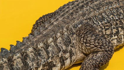 Fototapeta premium Close-up shot showcasing the textured, armored tail of a crocodile with sharp scales highlighted by a bright background