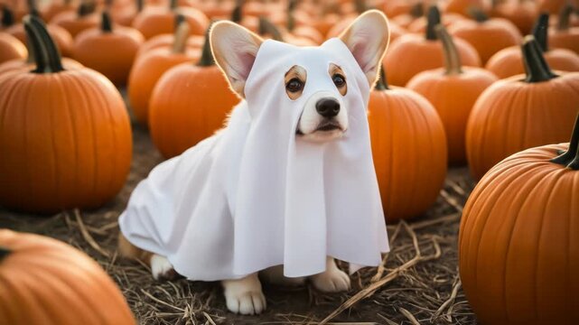 Adorable Corgi Puppy in Ghost Costume at Pumpkin Patch - A cute corgi puppy is dressed in a ghost costume and sits among numerous pumpkins in a fall pumpkin patch.