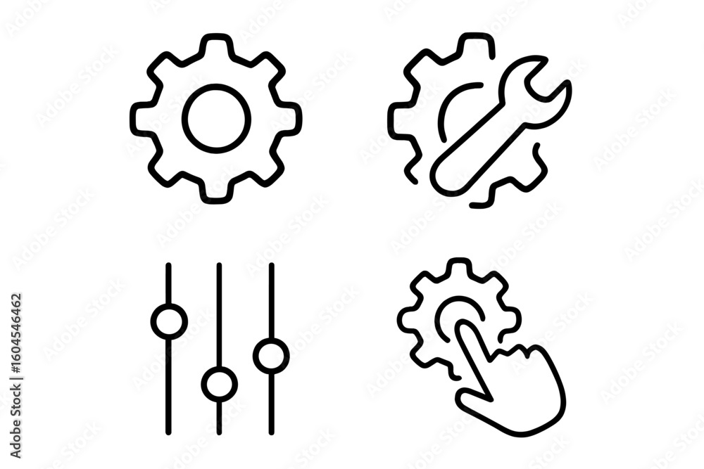 Poster set of settings and setup line icons. gear with wrench, control sliders, and hand click pictogram. v