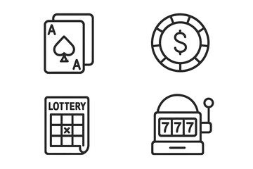 Gambling and casino line icon set. Linear icons for poker, card games, and lottery. Playing cards, casino chip, lottery ticket, and slot machine vector symbols.