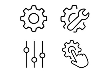 Set of settings and setup line icons. Gear with wrench, control sliders, and hand click pictogram. Vector outline icon collection for UI, UX, web and mobile apps.