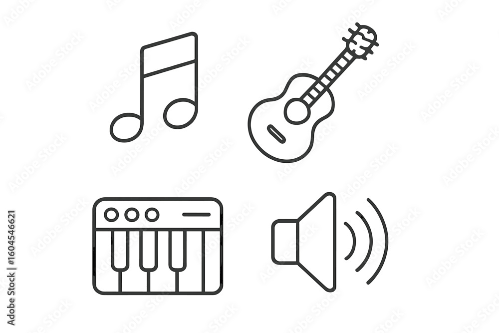 Poster music and audio line icons set. musical instruments with guitar, piano keyboard, note and speaker sy