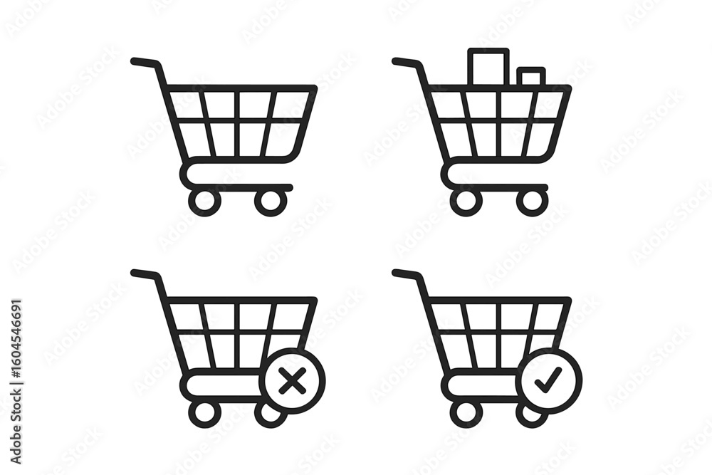 Poster shopping cart icon set for e-commerce ui design. vector symbols for add, remove, checkout, and empty