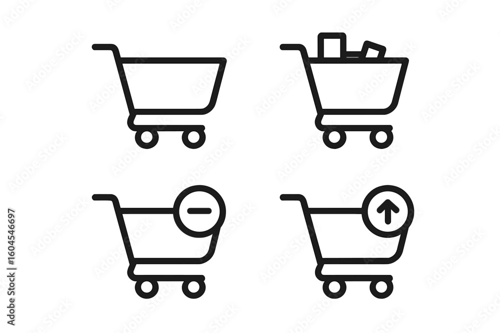 Poster shopping cart icon set for e-commerce and online store. vector line art symbols for web ui ux design