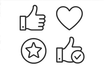 Obraz premium Like icon set. Thumbs up, heart, and star symbols. Positive feedback, approval, and favorite signs. Hand gesture for social media. Vector outline collection for UI/UX design.