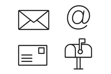 Linear Mail and Email Icons Collection. Envelope, At Symbol, Letter, Mailbox. Communication Elements Set for Web, Mobile, Apps, Infographics. Postal and Online Correspondence Vector Illustration