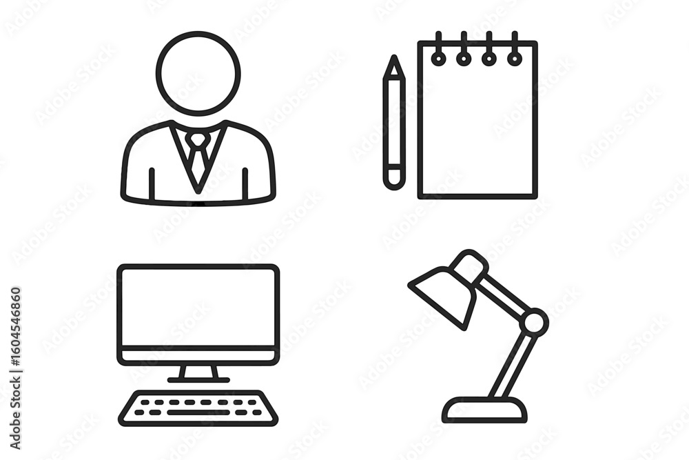 Fototapete Office work and business icon collection. Set of 4 line icons including worker, computer, notepad, and desk lamp. Minimalist vector outline pictograms for web design.