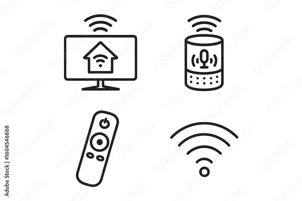 Poster smart home icons set for home automation integration. outline vector graphic of smart tv, voice assi