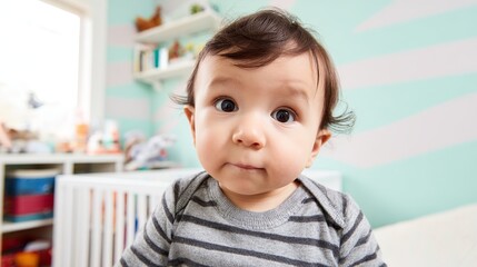 A curious baby boy in a nursery room with soft natural light and a blurred pastel background.