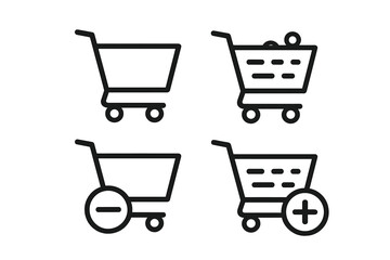 Shopping cart icon set for e-commerce. Vector line art symbols for online store UI. Includes add to cart, remove item, empty and full basket. Minimalist web design elements.