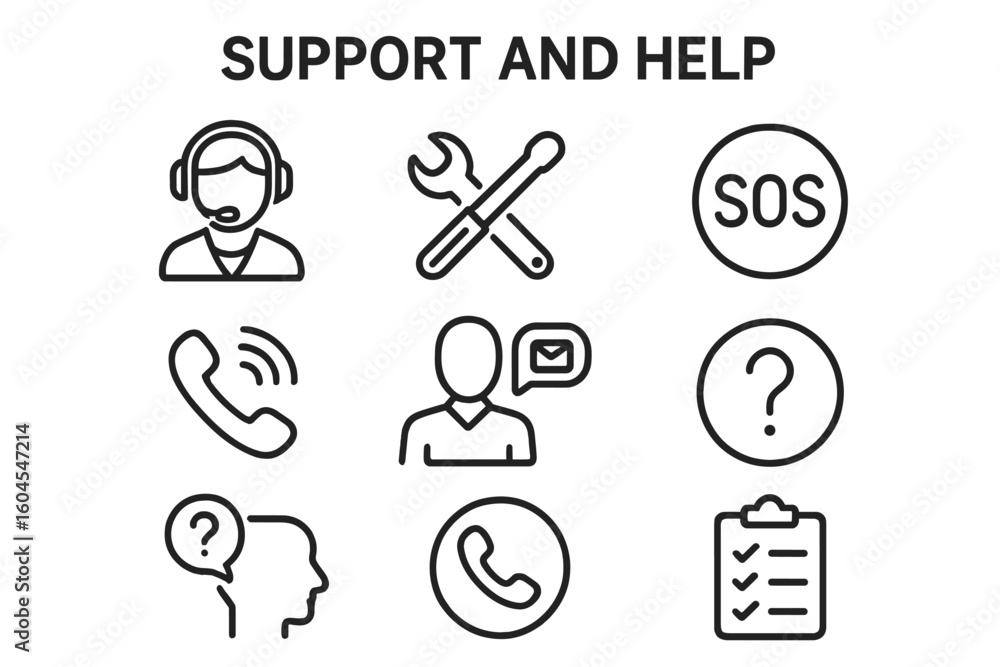 Poster support and help line icon set for customer service. includes technical support, call center, contac