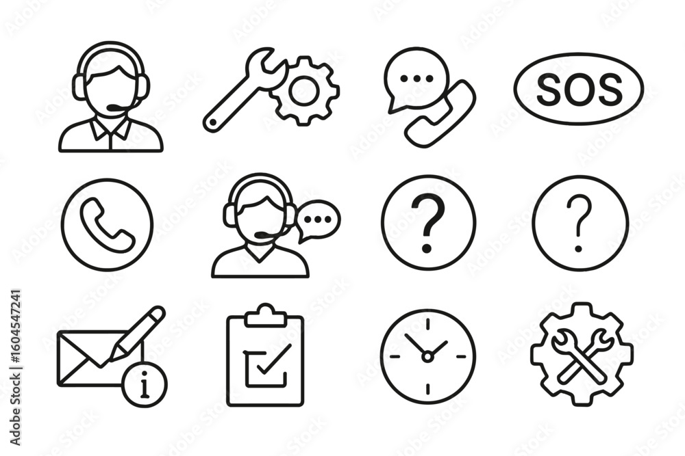 Aufkleber support and help line icon set. customer service, technical support, call center, and contact us con
