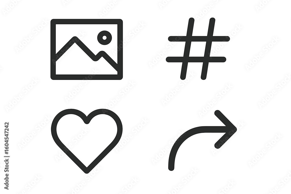 Poster social media icon set with like heart, share arrow, photo gallery, and hashtag. vector outline symbo
