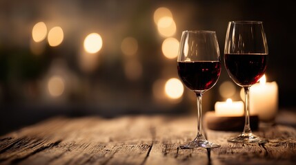 Two wine glasses on rustic table with deep red wine glowing in warm candlelight.