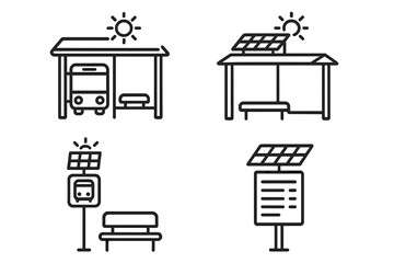 Solar bus stop outline icon set. Vector collection of solar-powered public transportation elements like shelter, panel roof, bench, and timetable. Green energy concept.