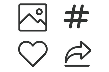 Social media icon collection. Vector line icons for web and app user interface. Includes photo, hashtag, like heart, and share arrow. Digital marketing promotion assets.