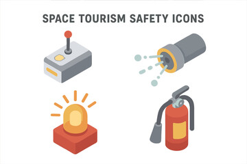 Space tourism safety icons isometric vector set. Emergency equipment collection with fire extinguisher, alarm beacon, control joystick and water suppression nozzle illustration.