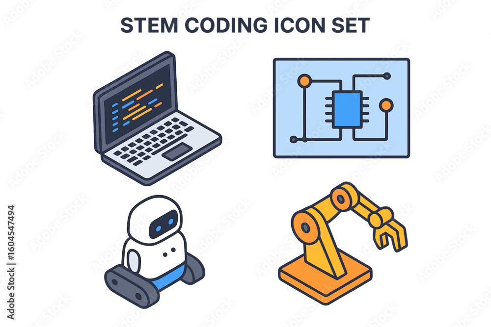 Poster isometric stem coding icon set. vector illustration of technology education project. laptop with cod