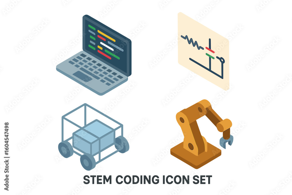 Poster stem coding icon set. isometric vector illustration of a laptop with code editor, circuit schematic,
