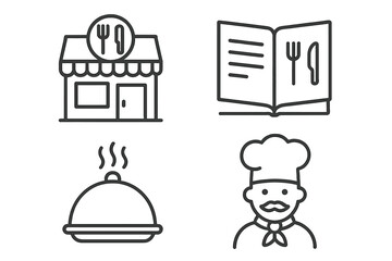 Restaurant line icon set for food service and culinary concepts. Includes simple vector symbols for menu, chef, cafe, and catering. Minimal outline design for web and print.