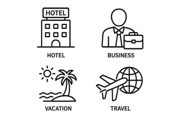 Travel and hotel icon set for business and vacation themes. Simple line art collection with airplane, globe, and briefcase symbols for web design. Minimalist pictograms.