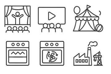 Set of entertainment and industry line icons. Includes theater, cinema, circus tent for amusement, plus factory, oven, and convection oven for industrial concepts. Vector.