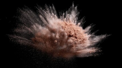 Dynamic brown powder suspended in mid-air against a deep black background, capturing movement.