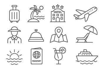 Travel line icon set. Holiday and vacation symbols. Simple outline tourism pictograms. Includes airplane, passport, hotel, map, cruise ship, and beach vector icons.