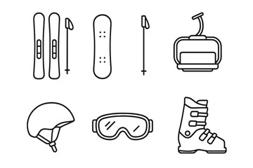 Ski gear icon set for winter sports. Outline vector illustration of ski and snowboard equipment. Simple line art of skis, poles, goggles, helmet, boot, and chairlift.