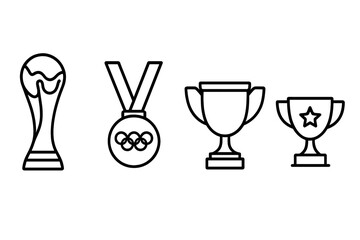 Sport trophy and award outline icon set. World Cup, Olympic medal, champion cup. Symbol of victory, success, competition, prize, and achievement. Linear vector illustration.