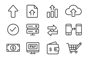 Data transfer and e-commerce line icon set. Concepts of cloud upload, file sharing, server database, online payment, finance, money, shopping cart and mobile transfer.