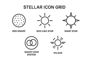 Stellar Types Outline Icon Set. Vector Astronomy Design Featuring Red Dwarf, Sun-Like Star, Giant Star, Binary Star System, Pulsar. Space Science Symbols. Editable Isolated Graphics.