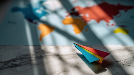 Rainbow-colored paper plane on marble, casting dynamic shadows with a global map backdrop.
