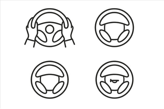 Steering wheel icon set. Car driver hands position for safety. Automobile driving school lesson concept. Vehicle horn and airbag cover symbol line art vector illustration.