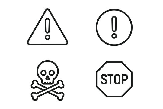 Warning and risk linear icon set. Vector collection with attention exclamation mark, danger skull and crossbones, and stop sign. Outline caution and hazard pictograms.