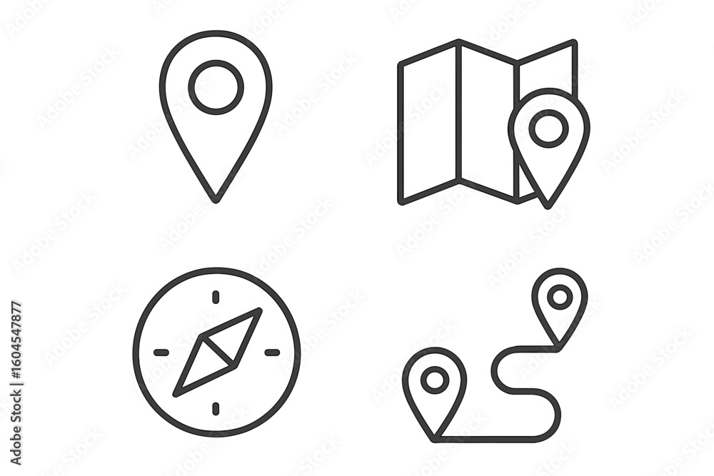 Poster navigation and location line icons set. map pin, pointer, compass, and route symbols. gps marker for